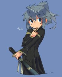 Rule 34 | 1boy, beatmania, beatmania iidx, black coat, blue background, closed mouth, coat, commentary request, cowboy shot, grey eyes, grey hair, hair between eyes, high ponytail, highres, holding, holding sword, holding weapon, katana, long hair, long sleeves, looking to the side, male focus, medium bangs, shilow, simple background, solo, sword, tokiwata kaoru, v-shaped eyebrows, weapon