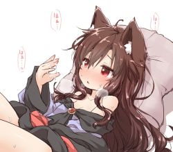 Rule 34 | 1girl, animal ears, blush, breasts, brooch, brown hair, child, commentary request, dress, imaizumi kagerou, jewelry, long hair, long sleeves, lying, natsu no koucha, off-shoulder dress, off shoulder, on back, pillow, red eyes, simple background, small breasts, solo, suggestive fluid, sweat, touhou, white background, wings, wolf ears, aged down
