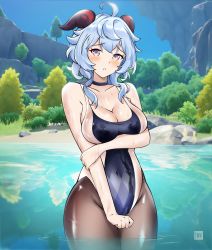 Rule 34 | 1girl, absurdres, ahoge, artist logo, bare shoulders, black choker, black pantyhose, blue hair, breast hold, breasts, bush, choker, cleavage, cliff, covered navel, cowboy shot, freshtango, ganyu (genshin impact), genshin impact, goat girl, goat horns, hair between eyes, highleg, highleg swimsuit, highres, horns, lake, looking at viewer, medium breasts, medium hair, multicolored eyes, open mouth, pantyhose, pantyhose under swimsuit, shiny clothes, shiny skin, sky, solo, swimsuit, tree, water, wet