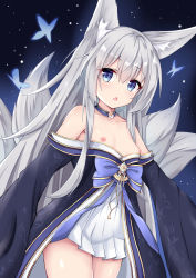 Rule 34 | 1girl, :o, absurdres, aged down, animal ear fluff, animal ears, azur lane, bare shoulders, blue choker, blue eyes, blush, bow, breasts, breasts out, bug, butterfly, choker, collarbone, cowboy shot, dark background, fang, fox ears, fox girl, fox tail, highres, insect, japanese clothes, long hair, long sleeves, nagato-chan, nipples, off shoulder, open mouth, purple bow, shinano (azur lane), sidelocks, silver hair, skin fang, small breasts, solo, straight hair, tail, thighs, very long hair, wide sleeves