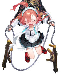 Rule 34 | 1girl, absurdres, ahoge, apron, black dress, black skirt, blue archive, blush, center frills, chain, closed eyes, collared shirt, dress, fangs, frilled apron, frills, full body, gun, hair between eyes, halo, highres, huge ahoge, jacket, mole, mole under eye, neru (blue archive), open mouth, pleated skirt, red footwear, red hair, shirt, shoes, short hair, simple background, skirt, solo, sukajan, weapon, white apron, white background, white shirt, yanyo (ogino atsuki)