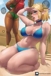 Rule 34 | 2girls, absurdres, ass, bikini, blonde hair, blush, bra, breasts, butt crack, cleavage, collarbone, dark-skinned female, dark skin, echo saber, english text, heart, highres, multiple girls, navel, nintendo, open mouth, palm tree, pointy ears, ponytail, princess zelda, red hair, sand, seiza, sitting, standing, sweat, swimsuit, the legend of zelda, the legend of zelda: breath of the wild, the legend of zelda: tears of the kingdom, thick thighs, thighs, tree, underwear, urbosa