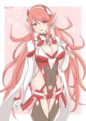 Rule 34 | 1girl, absurdres, border, breasts, chest jewel, cleavage, cleavage cutout, clothing cutout, covered navel, cowboy shot, gloves, highres, large breasts, long hair, pink background, pink hair, prototype design, pyra (xenoblade), pyra (xenoblade) (prototype), ryochan96154, twintails, twitter username, very long hair, white border, white gloves, xenoblade chronicles (series), xenoblade chronicles 2