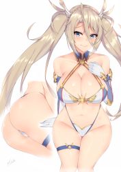Rule 34 | 1girl, adapted costume, arm support, ass, blonde hair, blue eyes, blush, bradamante (fate), bradamante (third ascension) (fate), braid, breasts, cleavage, collarbone, commentary request, elbow gloves, fate/grand order, fate (series), french braid, gloves, groin, hair between eyes, hair ribbon, hand up, highres, hip focus, kuavera, large breasts, long hair, looking at viewer, multiple views, navel, ribbon, signature, simple background, sitting, smile, stomach, thick thighs, thigh strap, thighs, twintails, very long hair, wide hips