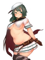 Rule 34 | 10s, 1girl, belly, belt, blush, bou (starless2323), breasts, brown gloves, cape, female focus, fusa (starless2323), gloves, green eyes, green hair, hat, kantai collection, kiso (kancolle), large breasts, long hair, matching hair/eyes, military, military uniform, miniskirt, naval uniform, navel, no bra, plump, shirt, skirt, smile, solo, standing, thighhighs, torn cape, torn clothes, torn shirt, underboob, uniform, utility belt