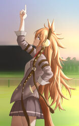 Rule 34 | 1girl, animal ears, arima kinen, banzaibanzaibanzai, commentary, cowboy shot, crying, from side, grey jacket, grey skirt, hand in pocket, highres, horse ears, horse girl, horse racing track, jacket, long hair, looking up, messy hair, orange hair, orfevre (umamusume) (old design), pleated skirt, pointing, pointing up, purple eyes, skirt, solo, umamusume