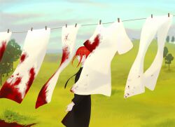 Rule 34 | 1girl, absurdres, black coat, black necktie, blood, blood stain, chainsaw man, clothesline, coat, collared shirt, floating hair, floating neckwear, formal, grey sky, highres, laundry, looking at viewer, looking back, makima (chainsaw man), medium hair, necktie, on grass, outdoors, red hair, shirt, sidelocks, sideways glance, sky, smile, solo, suit, tree, white shirt, yuuwaku06