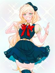 Rule 34 | 1girl, belt, black bow, black thighhighs, blonde hair, bow, bracelet, braid, commentary request, danganronpa (series), danganronpa 2: goodbye despair, dokudokudoku, dress, french braid, gem, green dress, green eyes, grey background, hair bow, hands up, highres, jewelry, long hair, narrow waist, puffy short sleeves, puffy sleeves, red bow, red neckwear, shiny clothes, short sleeves, smile, solo, sonia nevermind, sparkle, thighhighs, very long hair, white belt
