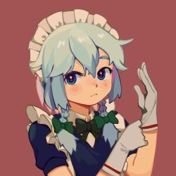 Rule 34 | 1girl, apron, black bow, black bowtie, blue eyes, blue hair, blue shirt, bow, bowtie, braid, chenwei jun, closed mouth, collared shirt, commentary request, gloves, green bow, highres, izayoi sakuya, light blue hair, long hair, looking at viewer, maid apron, maid headdress, putting on gloves, red background, shirt, short sleeves, simple background, solo, touhou, twin braids, upper body, white gloves