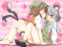 Rule 34 | 2girls, after kiss, all fours, animal ears, ass, blush, brown hair, cat ears, cat girl, cat tail, chen, earrings, female focus, fuyutarou, grey hair, heart, highres, jewelry, mouse ears, mouse tail, multiple girls, multiple tails, nazrin, no pants, panties, pendant, saliva, saliva trail, short hair, tail, thighs, touhou, underwear, yellow eyes, yuri
