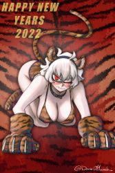 Rule 34 | 1girl, 2022, all fours, animal hands, animal print, bikini, black horns, black tail, breasts, chinese zodiac, cleavage, danaoharah, demon girl, demon horns, demon tail, eyebrows, gloves, hair over one eye, helltaker, highres, horns, large breasts, looking at viewer, malina (helltaker), one eye closed, paw gloves, piercing, short hair, smile, solo, swimsuit, tail, thighs, tiger print, tongue, tongue out, tongue piercing, white background, white hair, year of the tiger