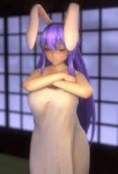 Rule 34 | 1girl, animated, animated gif, blush, bouncing breasts, breasts, cleft of venus, indoors, interior, inui (shirakawa777), large breasts, long hair, looking at viewer, lowres, naked towel, navel, nipples, nude, open mouth, purple hair, pussy, rabbit ears, red eyes, reisen udongein inaba, sagging breasts, solo, touhou, towel