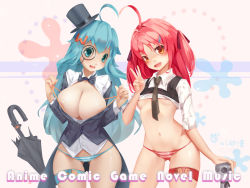 Rule 34 | 2girls, ahoge, artist name, black coat, blue eyes, blue hair, blush, breasts, center opening, clothes lift, coat, cowboy shot, dated, dress shirt, gluteal fold, hair ornament, hair ribbon, hairclip, hat, heart, highres, large breasts, long hair, looking at viewer, m.mikasa, multiple girls, nose blush, open mouth, orange eyes, original, panties, pink hair, ribbon, shirt, shirt lift, skull, small breasts, strap lift, striped clothes, striped panties, tailcoat, thigh strap, top hat, two side up, umbrella, unbuttoned, unbuttoned shirt, underboob, underwear, v, very long hair