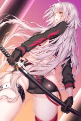 Rule 34 | 1girl, ahoge, ass, ayuteisyoku, bikini, black bikini, black gloves, black jacket, blush, breasts, cameltoe, choker, cowboy shot, fate/grand order, fate (series), from behind, gloves, hair between eyes, holding, holding sword, holding weapon, jacket, jeanne d&#039;arc alter (swimsuit berserker) (fate), jeanne d&#039;arc (fate), jeanne d&#039;arc alter (fate), jeanne d&#039;arc alter (swimsuit berserker) (fate), katana, large breasts, long hair, looking at viewer, red thighhighs, shrug (clothing), silver hair, single thighhigh, solo, swimsuit, sword, thigh strap, thighhighs, very long hair, weapon, yellow eyes