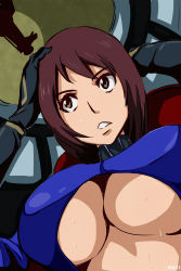 Rule 34 | 1boy, 1girl, absurdres, breasts, highres, kotona elegance, maxi, swimsuit, text focus, weapon, zoids, zoids genesis