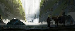 Rule 34 | asteroid ill, blonde hair, day, highres, horse, original, scenery, shadow, solo, water, waterfall