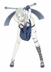 Rule 34 | 1girl, areola slip, bandages, bent over, bow, braid, chain, dual wielding, flower, full body, hair flower, hair ornament, hazaki yamato, high heels, highres, holding, kaine (nier), lingerie, long legs, looking at viewer, negligee, nier, nier (series), panties, purple eyes, ribbon, shoes, short hair, silver hair, simple background, solo, sword, thigh strap, thighs, underwear, weapon, white background, white panties
