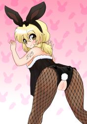 Rule 34 | 1girl, absurdres, against wall, anal, anal object insertion, anal tail, animal ears, ass, blonde hair, blush, breasts, chinese zodiac, cleft of venus, crotch cutout, dard drak, fake animal ears, fake tail, fishnet pantyhose, fishnets, from behind, hidamari sketch, highres, large breasts, long hair, looking at viewer, looking back, miyako (hidamari sketch), new year, object insertion, pantyhose, pink background, pussy, rabbit ears, rabbit tail, see-through, smile, solo, tail, year of the rabbit