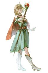 Rule 34 | 1girl, armor, blonde hair, boots, breastplate, cape, dress, fire emblem, fire emblem: thracia 776, floating hair, full body, glint, green eyes, hair ornament, highres, holding, holding staff, jewelry, knee boots, light particles, looking at viewer, mixed-language commentary, nanna (fire emblem), negi (fufufuyu), nintendo, short hair, shoulder armor, simple background, solo, staff, standing, teeth, twitter username, white background, white footwear, wing hair ornament