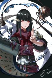 Rule 34 | 1girl, au ra, warrior of light (ff14), black hair, black sash, closed mouth, commission, dress, final fantasy, final fantasy xiv, gourd, hand up, horns, kdm (ke dama), long hair, long sleeves, looking at viewer, red dress, red eyes, sash, scroll, signature, skeb commission, smile, solo, upper body, water