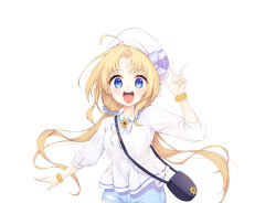 Rule 34 | 1girl, :d, ahoge, bag, beret, blonde hair, blouse, blue bow, blue eyes, blue ribbon, blue shorts, blush, bow, caron (straycat910), collared shirt, cowboy shot, flower, flower bracelet, hand up, handbag, hat, hat bow, highres, long hair, looking at viewer, low twintails, neck ribbon, open mouth, original, ribbon, shirt, short shorts, shorts, shoulder bag, simple background, smile, solo, standing, teeth, twintails, upper teeth only, very long hair, w, white background, white hat, white shirt, yellow flower