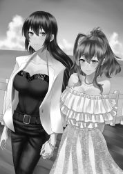 Rule 34 | 2girls, absurdres, alternate costume, bad id, bad pixiv id, bare shoulders, belt, bow, bracelet, breasts, casual, cleavage, cloud, collarbone, dress, fence, greyscale, hair between eyes, hair bow, holding hands, highres, ikahana (ichikayuzu7), interlocked fingers, jewelry, kantai collection, large breasts, long hair, looking at another, monochrome, multiple girls, nagato (kancolle), necklace, ocean, pants, saratoga (kancolle), smile, yuri