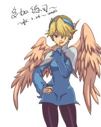 Rule 34 | 1girl, absurdres, blonde hair, blue eyes, breasts, breath of fire, breath of fire iv, brooch, commentary request, dress, earrings, hairband, highres, jewelry, looking at viewer, nina (breath of fire iv), pantyhose, short hair, simple background, snowzcz, solo, white background, wings