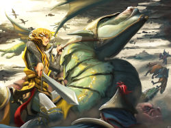 Rule 34 | animal, armor, blonde hair, blue eyes, chainmail, cloud, cloudy sky, commentary, dragon, english commentary, fantasy, flag, flagpole, flying, foreshortening, greaves, hachijuu, hair ornament, hairclip, helmet, holding, holding reins, holding sword, holding weapon, horse, kagamine rin, medieval, outdoors, plume, pointing sword, reins, riding, short hair, sky, solo focus, sword, vocaloid, weapon, wyvern