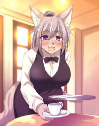 Rule 34 | 1girl, :3, :d, animal ears, animal nose, bad id, bad pixiv id, black bow, blush, body fur, bow, breasts, commentary request, copyright request, fang, furry, furry female, grey fur, hair between eyes, holding, holding plate, holding tray, large breasts, long hair, long sleeves, looking at viewer, open mouth, plate, ponytail, purple eyes, round table, saigi, serving, smile, snout, solo, standing, table, tail, tray, waitress, wolf, wolf ears, wolf girl, wolf tail