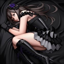 Rule 34 | 10s, 1girl, bad id, bad pixiv id, black footwear, bon nob, boots, brown hair, cross-laced footwear, dress, fetal position, flower, gloves, gradient background, green eyes, hair flower, hair ornament, high heel boots, high heels, idolmaster, idolmaster cinderella girls, knee boots, lace-up boots, long hair, lying, no panties, on side, shibuya rin, solo