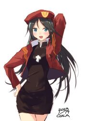 Rule 34 | artist name, beret, black dress, black hair, blue eyes, cosplay, cross, cross necklace, dated, dress, hat, highres, jacket, jewelry, kantai collection, katsuragi (kancolle), katsuragi misato, katsuragi misato (cosplay), long hair, long sleeves, name connection, necklace, neon genesis evangelion, open mouth, owa (ishtail), red jacket, smile
