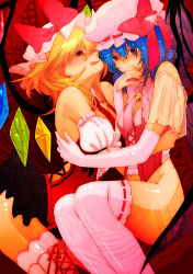 Rule 34 | 2girls, alternate costume, bad id, bad pixiv id, bare shoulders, blonde hair, blue hair, blush, bottomless, elbow gloves, female focus, flandre scarlet, gacha-pinn126, gloves, hat, licking lips, multiple girls, naughty face, no panties, no pants, red eyes, remilia scarlet, siblings, sisters, smile, thighhighs, tongue, tongue out, touhou, white gloves, white legwear, wings
