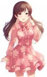 Rule 34 | 1girl, brown eyes, brown hair, commentary request, cowboy shot, dress, floral print, hair ornament, hairclip, hand up, highres, idolmaster, idolmaster cinderella girls, long hair, long sleeves, looking at viewer, neck ribbon, nitta minami, open mouth, partita, pink dress, red ribbon, ribbon, simple background, smile, solo, white background