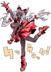 Rule 34 | arm up, bow, breasts, check clothing, cleavage, dark-skinned female, dark skin, full body, gloves, grey hair, hair bow, hakusaku, highres, large breasts, leg up, long hair, looking at viewer, low twintails, open mouth, original, red footwear, red gloves, simple background, smile, standing, standing on one leg, teeth, tutu, twintails, upper teeth only, very long hair, white background