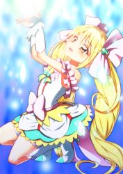 Rule 34 | 1girl, blonde hair, blue background, bow, commentary request, cure echo, hair ribbon, kneeling, long hair, magical girl, precure, precure all stars new stage: mirai no tomodachi, red eyes, ribbon, sakagami ayumi, solo, twintails, very long hair, waist bow, white ribbon, wrist cuffs, yuto (dialique)