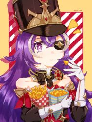 Rule 34 | 1girl, :t, absurdres, bare shoulders, black hat, chevreuse (genshin impact), commentary request, detached sleeves, earmuffs, earmuffs around neck, eyepatch, food, french fries, genshin impact, gloves, grey hair, hair between eyes, hand up, hat, highres, holding, holding food, long hair, maro (maro17dmb), multicolored hair, onion rings, puffy sleeves, purple eyes, purple hair, shako cap, solo, streaked hair, upper body, very long hair, white gloves