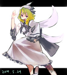 Rule 34 | 1girl, blonde hair, bow, bowtie, dated, dress, drill hair, hair bow, hat, letterboxed, long sleeves, luna child, namauni, open mouth, red eyes, ribbon, running, short hair, simple background, sketch, slippers, solo, sweatdrop, touhou, white background, wide sleeves, wings