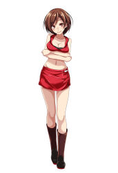 Rule 34 | 1girl, blush, boots, breasts, brown eyes, brown footwear, brown hair, cleavage, closed mouth, collarbone, crop top, crossed arms, full body, groin, hair between eyes, head tilt, highres, looking at viewer, medium breasts, meiko (vocaloid), meiko (vocaloid3), midriff, miniskirt, navel, pencil skirt, project diva (series), red skirt, short hair, simple background, skirt, smile, solo, standing, stomach, tsukishiro saika, vocaloid, white background