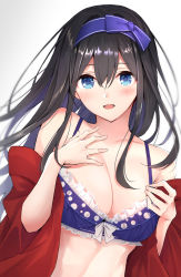Rule 34 | 1girl, anza tomo, bikini, black hair, blue bikini, blue eyes, blush, breasts, cape, cleavage, collarbone, commentary request, hair between eyes, hairband, hands on own chest, highres, idolmaster, idolmaster cinderella girls, jewelry, large breasts, long hair, looking at viewer, necklace, red cape, sagisawa fumika, simple background, smile, solo, swimsuit, upper body
