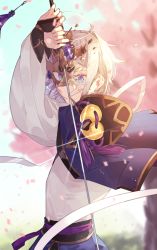 Rule 34 | 1boy, blue eyes, bridal gauntlets, cherry blossoms, chinese clothes, commentary request, fate/grand order, fate (series), prince of lan ling (fate), hair between eyes, highres, holding, holding sword, holding weapon, horned mask, looking at viewer, male focus, mask, mask over one eye, masked, microbe volvox, parted lips, petals, pink petals, short hair, solo, sword, tree, weapon, white hair