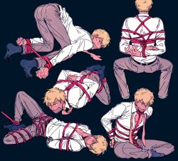 Rule 34 | 1boy, arms behind back, bdsm, belt, blonde hair, blue socks, blush, bondage, bound, bound ankles, bound torso, bound wrists, collared shirt, cropped legs, facing away, gagged, grey pants, indian style, invisible chair, knee up, long sleeves, looking ahead, looking to the side, lying, male focus, mob psycho 100, multiple views, necktie, no shoes, on back, on stomach, one eye closed, pants, pink necktie, pom takoyaki, reigen arataka, restrained, shibari, shibari over clothes, shirt, shirt tucked in, short hair, simple background, sitting, socks, tape, top-down bottom-up, undone necktie, white shirt