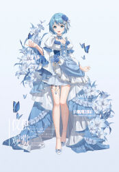 Rule 34 | 1girl, absurdres, anklet, blue butterfly, blue eyes, blue flower, blue hair, blue ribbon, blush, breasts, bug, butterfly, cleavage, dress, flower, frilled dress, frills, full body, hair flower, hair ornament, hair ribbon, hand up, high heels, highres, image sample, insect, jewelry, looking at viewer, mahou shoujo madoka magica, mahou shoujo madoka magica (anime), miki sayaka, open mouth, pixiv sample, puffy sleeves, ribbon, sample watermark, short hair, smile, solo, standing, tujiu sama, watermark, white background