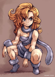 Rule 34 | 1990s (style), 1girl, ankle boots, ayla (chrono trigger), bandeau, bare shoulders, blonde hair, blue eyes, boots, breasts, chrono (series), chrono trigger, cleavage, curly hair, full body, fur trim, highres, loincloth, long hair, medium breasts, midriff, navel, pyromaniac, retro artstyle, second-party source, simple background, smile, solo, squatting, tail, toned