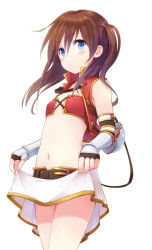 Rule 34 | 1girl, bandeau, belt, blue eyes, blush, clothes lift, cowboy shot, fingerless gloves, flat chest, from side, gauntlets, gloves, hair between eyes, long hair, looking at viewer, midriff, navel, original, parted lips, pleated skirt, sakusaku, simple background, skirt, solo, twintails, vest, white background