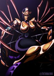 Rule 34 | 1girl, alien, arthropod limbs, beast wars, black background, blackarachnia, breasts, green eyes, highres, humanoid robot, large breasts, orange lips, robot, shiny skin, silk, simple background, solo, spider web, thechromatroid, thick thighs, thighs, transformers