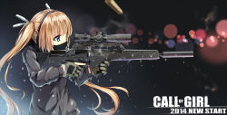Rule 34 | 1girl, aiming, assault rifle, blonde hair, blue eyes, call of duty, casing ejection, covered mouth, english text, gun, hagi (ame hagi), headset, highres, long hair, long sleeves, mask, original, rifle, scarf, shell casing, sl-8, solo, suppressor, twintails, weapon