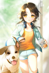 Rule 34 | 1girl, bottle, brown eyes, brown hair, collarbone, dog, pet walking, gym shorts, headphones, holding, jacket, leash, leg up, lowres, mole, open mouth, parted bangs, running, salt (salty), short hair, short hair with long locks, shorts, sita vilosa, smile, solo, sword girls, tongue, tongue out, yellow eyes