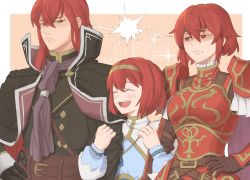 Rule 34 | 1boy, 2girls, :d, angry, arm hug, armor, belt, brother and sister, brown gloves, clenched teeth, closed eyes, coat, disgust, dress, ebinku, fire emblem, fire emblem: mystery of the emblem, fire emblem: shadow dragon, frown, gauntlets, glaring, gloves, green headband, hairband, headband, highres, looking at another, maria (fire emblem), medium hair, michalis (fire emblem), minerva (fire emblem), multiple girls, nintendo, open mouth, pink background, red armor, red eyes, red hair, scowl, shaded face, short hair, siblings, simple background, sisters, smile, teeth, turtleneck, turtleneck dress, upper body, v-shaped eyebrows, white dress