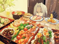 Rule 34 | 1boy, black gloves, bombyxmori ckr, bowl, cup, egg, final fantasy, final fantasy vii, food, gloves, green eyes, grey hair, highres, holding, holding food, long bangs, long hair, looking at food, male focus, parted bangs, plant, rice, sephiroth, shrimp, solo, table, tomato, tray