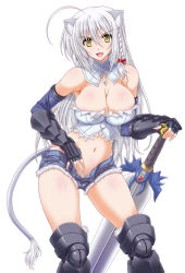 Rule 34 | 10s, 1girl, ahoge, animal ears, areola slip, armor, braid, breasts, briest2001, cat ears, cat girl, cat tail, cleavage, cutoffs, denim, denim shorts, dog days, fang, female focus, gauntlets, highres, large breasts, leonmitchelli galette des rois, long hair, looking at viewer, midriff, navel, open fly, open m/, open mouth, panties, panty pull, shiny skin, short shorts, shorts, side braid, simple background, single braid, solo, standing, sword, tail, thighhighs, underwear, unzipped, weapon, white background, white hair, yashima tetsuya